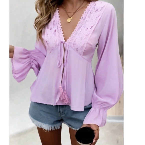 Boho Butterfly Embroidered Front Tie V neck Flounce sleeve Blouse - Picture 3 of 8